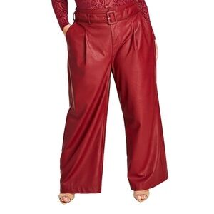 Nina Parker Womens Red Faux Leather Belted Wide Leg Pants Plus 20W NWT